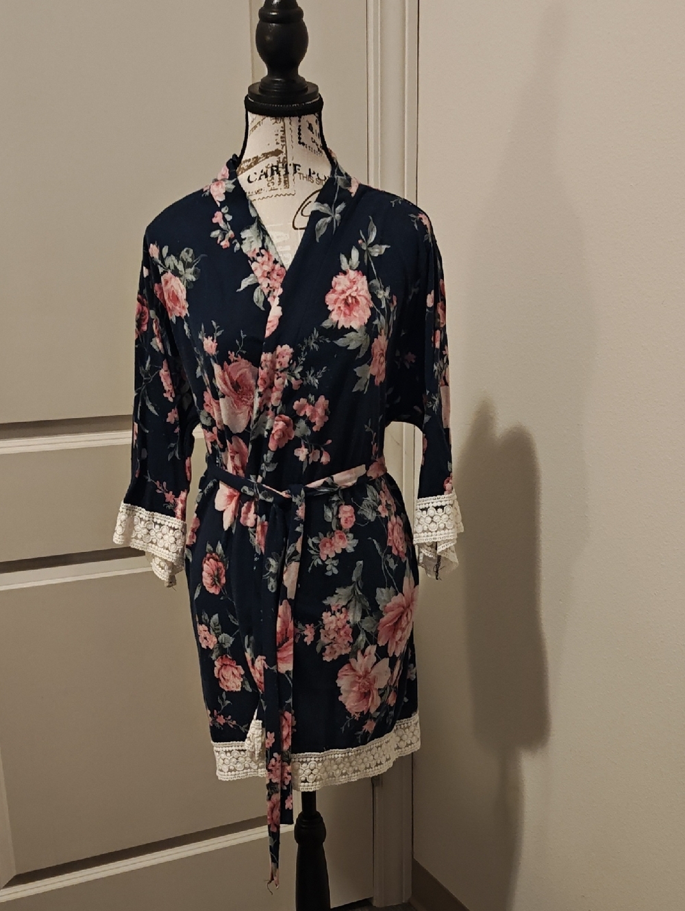 Pinkblush Maternity Navy Floral Lace-Trim Kimono Robe with Pink Roses